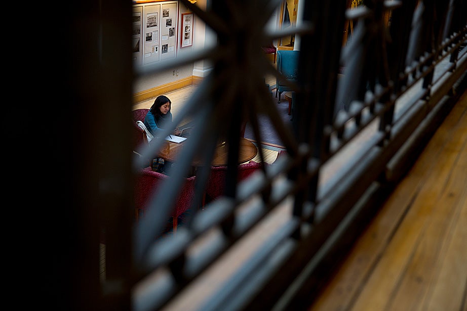 Framed by a decorative upper baluster, a student studies on the lower level.