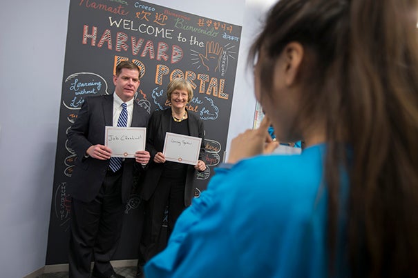 Joining President Faust and other Harvard leaders at Saturday’s grand opening, Boston Mayor Martin J. Walsh lauded the expanded Ed Portal as a route to empowerment for residents of all ages. 