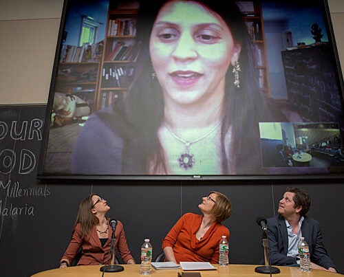 “If we relax our efforts, even for a moment, this thing [malaria] will come back and be worse than before,” said Sonia Shah (on screen), a science journalist who was part of a panel discussion titled “In Our Blood: Challenging Millennials to End Malaria.” Joining Shah, who used Skype to participate, were Kate Otto (from left), Maggie Koerth-Baker, and John Brownstein.