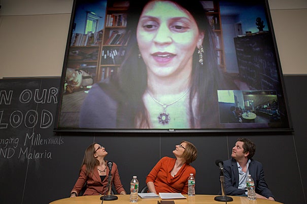 “If we relax our efforts, even for a moment, this thing [malaria] will come back and be worse than before,” said Sonia Shah (on screen), a science journalist who was part of a panel discussion titled “In Our Blood: Challenging Millennials to End Malaria.” Joining Shah, who used Skype to participate, were Kate Otto (from left), Maggie Koerth-Baker, and John Brownstein.