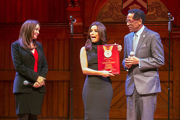 “I have seen the face of Harvard, and it is very diverse. And, I applaud Harvard for its diversity,” said Eva Longoria (center), after receiving the 2015 Harvard Foundation Artist of the Year award. Sharing the Sanders Theatre stage was U.S. Treasurer Rosie Rios '87 and Harvard Foundation Director S. Allen Counter.
