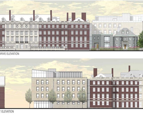 The most visible change in the plan for the Winthrop House renewal is the construction of a contemporary addition to Gore Hall, dubbed “Winthrop East.” The Memorial Drive elevation is pictured in the top image and the Mill Street elevation in the bottom image (rendering 1). The proposed site plan for Winthrop House (rendering 2) includes new House entrances.