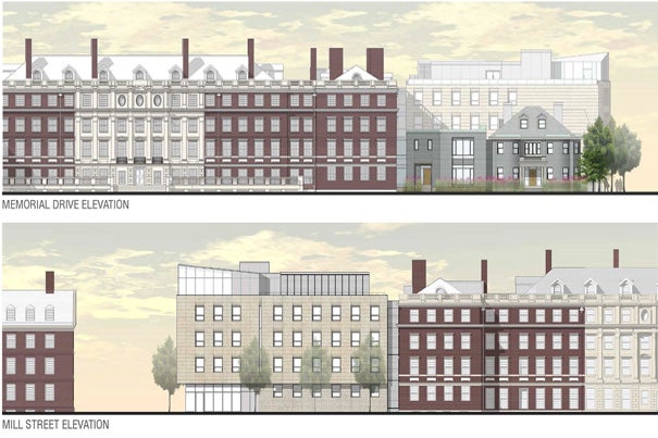 The most visible change in the plan for the Winthrop House renewal is the construction of a contemporary addition to Gore Hall, dubbed “Winthrop East.” The Memorial Drive elevation is pictured in the top image and the Mill Street elevation in the bottom image (rendering 1). The proposed site plan for Winthrop House (rendering 2) includes new House entrances.
