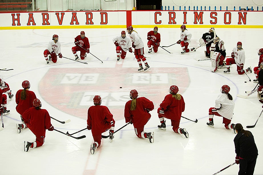 The Harvard women’s hockey team practices at Bright-Landry Hockey Center. The team is currently ranked fourth in the nation. After defeating Yale in the ECAC quarterfinals, the Crimson will face No. 3-seed Quinnipiac in the ECAC semifinals this Saturday. Jon Chase/Harvard Staff Photographer