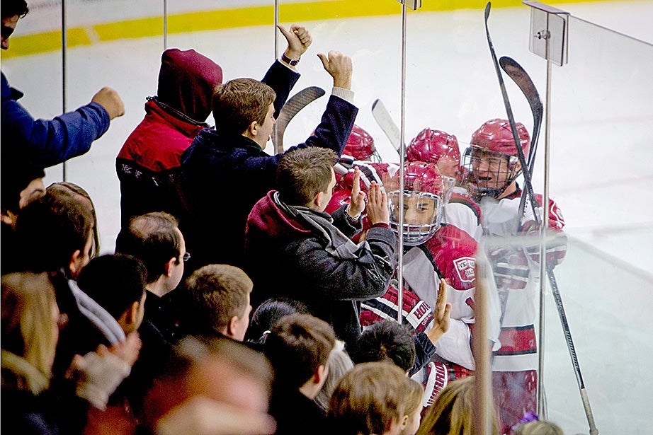 Fans and players celebrate Harvard’s second goal of the night. Rose Lincoln/Harvard Staff Photographer