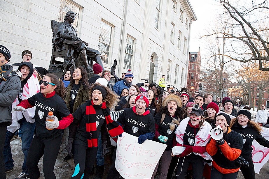 Spirited upperclassmen from Kirkland House were up before 7 a.m. and, like last year, were first to claim the John Harvard Statue on Harvard’s Housing Day. Rose Lincoln/Harvard Staff Photographer
