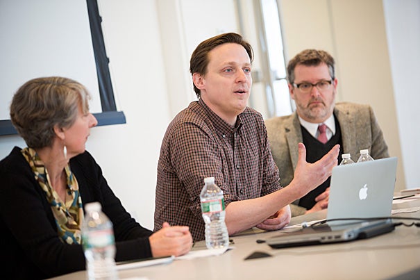 New technology used to restore Rothko's murals at the Harvard Art Museums was the focus during a two-day program for scholars, students, and the public. Day two of the program featured a bevy of speakers including Martha Buskirk (from left), Matt Saunders, and Brad Epley. 