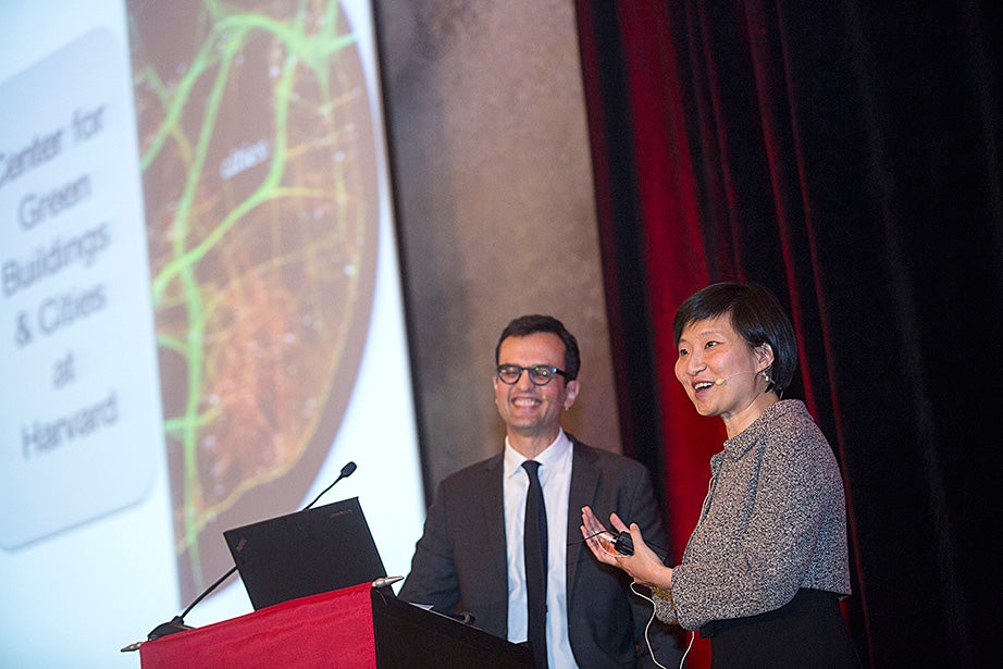 Xiaowei Zhuang and Ali Malkawi hold an interactive discussion during the Your Harvard event.