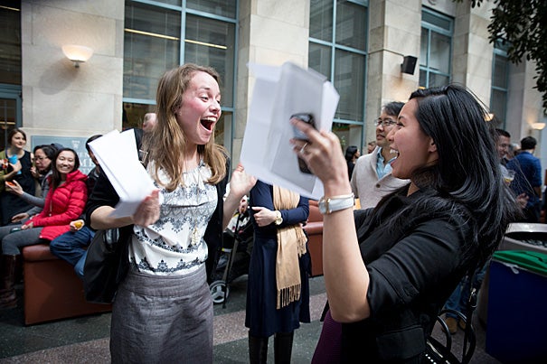 Harvard Medical School students Katherine Schiavoni (left) and Johanna Sheufind are ecstatic when they learn they are both headed to Massachusetts General Hospital.