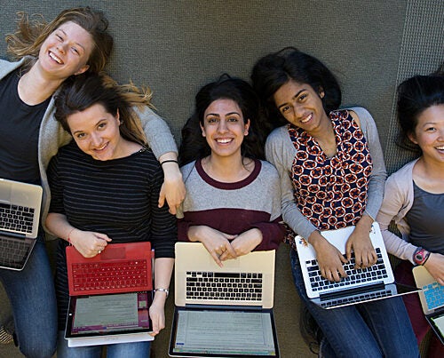 Emi Nietfeld '15 (from left, photo 1), Ana-Maria Constantin '16, Amna Hashmi '16, Ramya Rangan '16, and J.N. Fang '16 are members of Harvard Women in Computer Science, which promotes women in the male-dominated field. “They’re getting to the heart of some of the challenges,” said Margo I. Seltzer (photo 2), Herchel Smith Professor of Computer Science at SEAS, who, along with Radhika Nagpal (far right, photo 3), the Fred Kavli Professor of Computer Science, advises the group. 