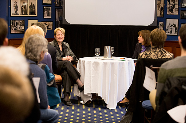 On campus to receive the Luise Vosgerchian Teaching Award, which is administered by the Learning from Performers Program of the Office for the Arts, Baltimore Symphony Orchestra Music Director Marin Alsop (left) also engaged in a wide-ranging and entertaining conversation with Dean of Arts and Humanities Diana Sorensen (right).