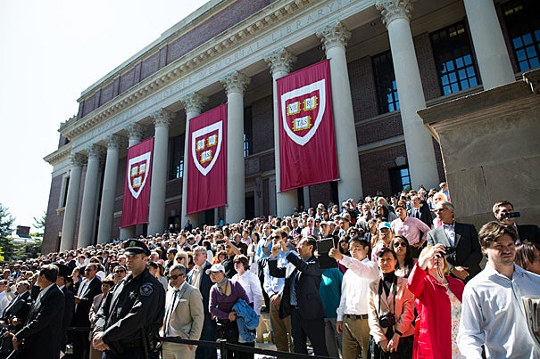 Although seating will be limited at Harvard's 364th Commencement, the steps of Widener Library (pictured) and the rear and sides of Tercentenary Theatre provide additional options for viewing the exercises. 