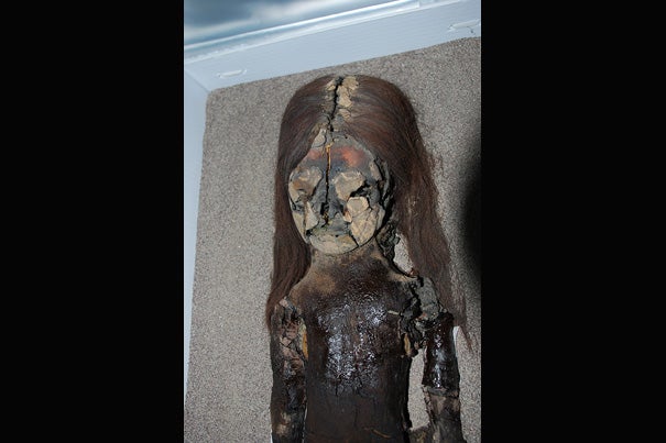 The head and torso of a Chinchorro mummy at San Miguel de Azapa Museum in Arica, Chile. During the past decade, many of the Chinchorro mummies have begun to rapidly degrade. 