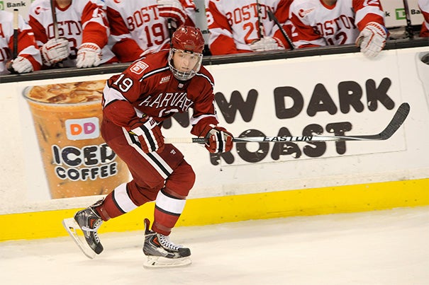 To gain a one-game advantage over Yale in the ECAC quarterfinals, Jimmy Vesey ’16 slammed the winner home for his 26th goal of the season. Vesey, who played against BU in the Beanpot (pictured), was named Ivy League Player of the Year.
