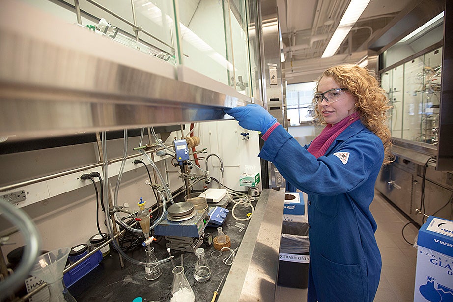 Graduate School of Arts and Sciences student Anna Levina works in the Jacobsen Lab inside the Mallinckrodt building. A Green Labs Program encourages researchers to reduce energy in laboratories by closing the sash when not in use. Kris Snibbe/Harvard Staff Photographer 