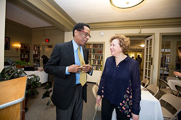 Professor of Astronomy Alyssa A. Goodman was named the Harvard Foundation’s 2015 Scientist of the Year.
S. Allen Counter Jr., director of the Harvard Foundation (left), presented the award in the Hastings Room at Pforzheimer House. 