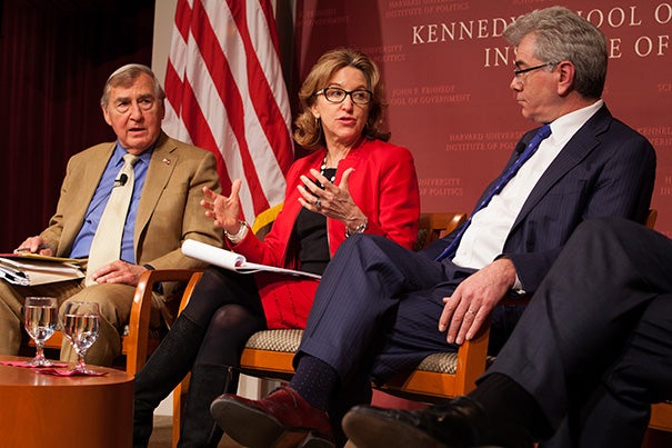 As negotiators worked beyond a deadline, experts at Harvard Kennedy School considered the possible outcomes of a deal, or no deal, with Iran over nuclear materials. Among the panelists were Belfer Center Director Graham Allison (from left), former U.S. Sen. Kay R. Hagan, and Gary Samore, executive director for research at the Belfer Center for Science and International Affairs.