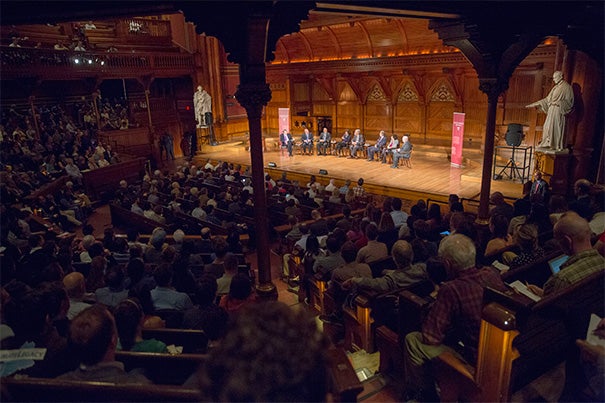 With Charlie Rose as moderator, a panel of experts in science, politics, business, economics, and history shared their views during Monday's Presidential Panel on Climate Change at Sanders Theatre. 