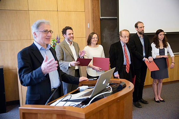 Douglas Melton (from left) presented Star Family Challenge awards to five Harvard faculty: Joshua Greene, Paola Arlotta, Federico Capasso, David Keith, and accepting for Daniel Schrag was research assistant Lauren Benson Kuntz.