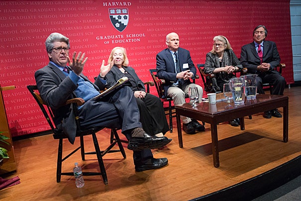 The Harvard Graduate School of Education (HGSE) held a special Askwith Forum aimed at addressing the American educational crisis. The talk was hosted by Fernando Reimers (from left), director of HGSE’s Global Education and International Education Policy Program, and featured professors Rosabeth Moss Kanter, William Clark, Diana Eck, and Howard Koh.