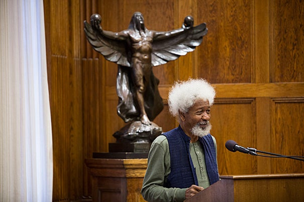 Wole Soyinka, a former political prisoner who became in 1986 the first black African to win the Nobel Prize in literature, spoke at the Barker Center in the wake of a historic vote in Nigeria. 