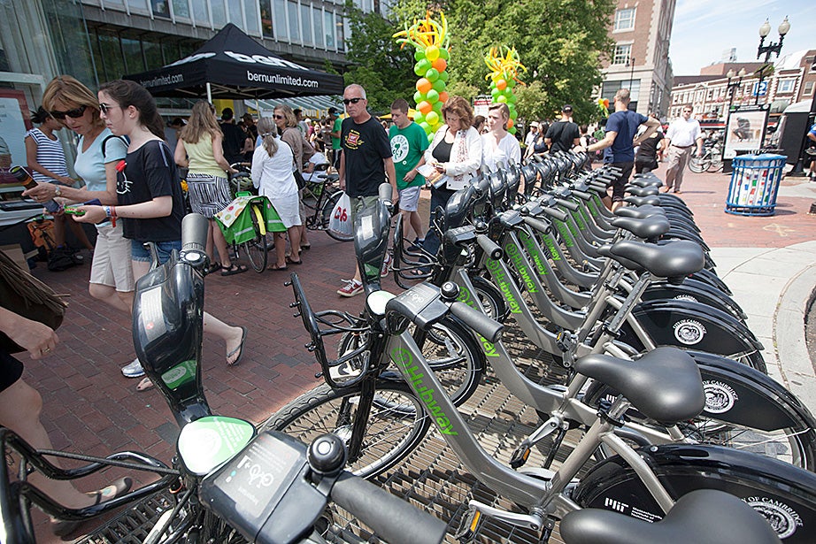 The Hubway bicycle stand outside the Richard A. and Susan F. Smith Campus Center launched with a celebration in 2012. Harvard is a major supporter of Hubway, sponsoring 12 stations and providing affiliates with discounted memberships. Kris Snibbe/Harvard Staff Photographer