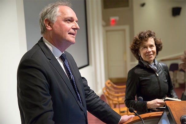 Unilever CEO Paul Polman  said the company is being set back between $300 million and $400 million each year because of climate change. Polman spoke at Harvard Business School (HBS) as part of Climate Week and was introduced by Rebecca Henderson (right), the John and Natty McArthur University Professor and co-director of HBS’ Business and Environment Initiative.