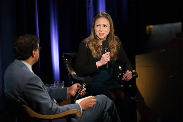 Inaugural recipient of the Next Generation Award Chelsea Clinton was at Harvard to confer this year's award, but she also sat down with Atul Gawande, a professor in the Department of Health Policy and Management at the Harvard T.H. Chan School of Public Health and executive director of Ariadne Labs, to discuss public health challenges, approaches, and priorities.