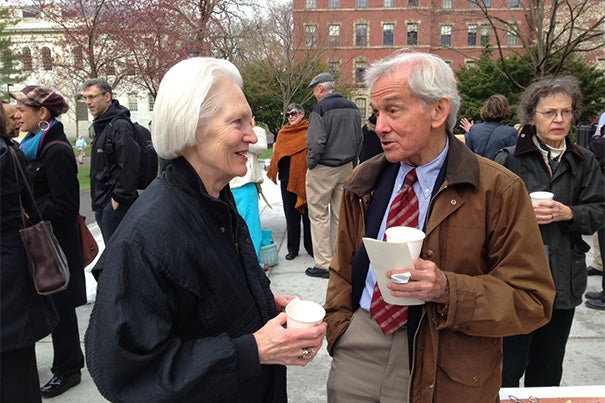 Suzanne Hamner and Bill Crout during a Wednesday coffee-hour gathering outside the Memorial Church (date unknown). A service of remembrance will be held for Crout at the Memorial Church on Friday at 10 a.m.