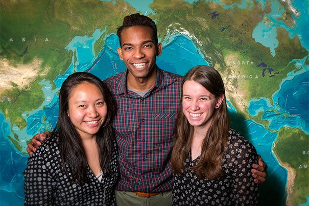 Four 2015 Fulbright Scholars from Harvard School of Engineering and Applied Sciences have been named: Joy Ming (from left), who will conduct research in India; Tyreke White, who will teach in Poland; Amanda Reilly, who will work in Colombia; and Emily Savage (not pictured), who will teach English in Taiwan.