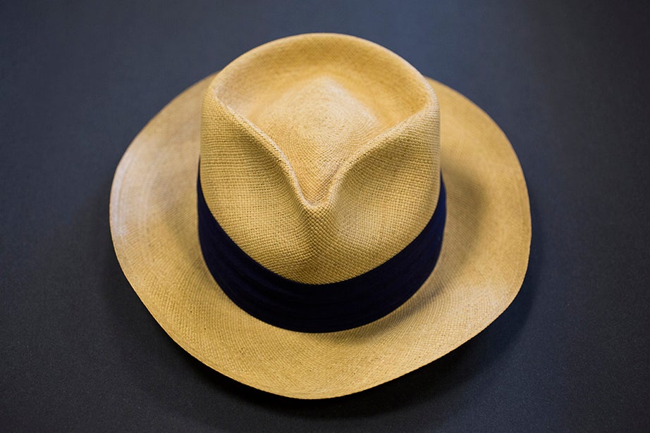 A straw Panama hat bought at the Harvard Coop by T.S. Eliot. The $5 price tag is still affixed. (Houghton Library) 