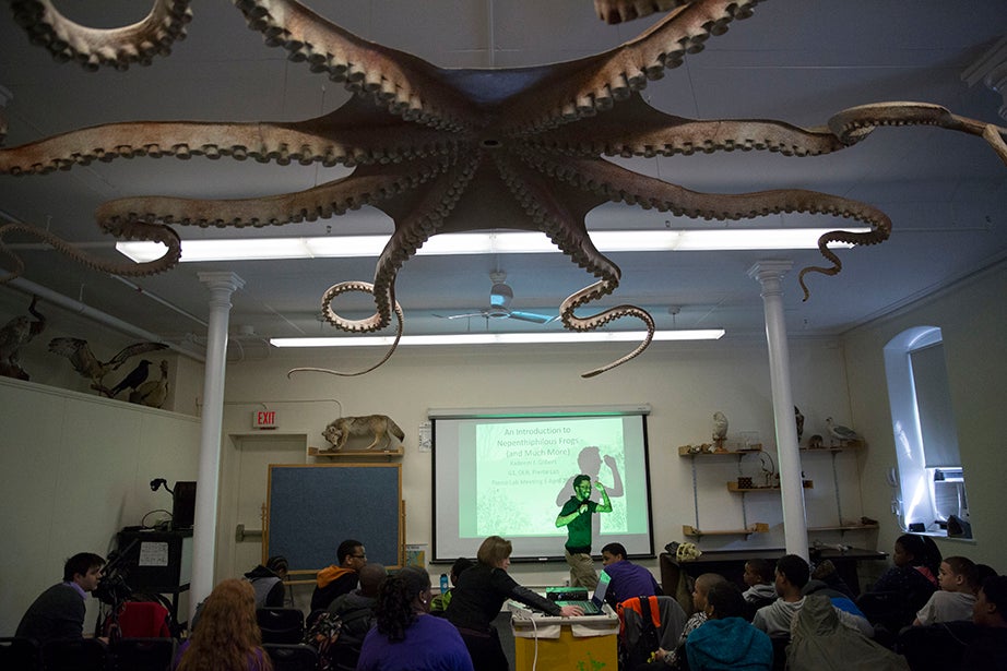 Kadeem Gilbert of the Graduate School of Arts and Sciences gives a talk on plant-insect interactions to Mott Hall Bridges Academy students inside the Harvard Museum of Natural History. Kris Snibbe/Harvard Staff Photographer