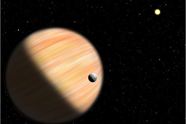 An artist's conception shows a planet half as massive as Jupiter located 13,000 light-years from Earth. It was detected by the Optical Gravitational Lensing Experiment and NASA’s Spitzer Space Telescope using microlensing.  