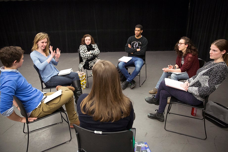 Teaching fellow Julia Bumke (second from left) speaks to classmates during Dramatic Arts 131 at the Loeb Drama Center. Jon Chase/Harvard Staff Photographer