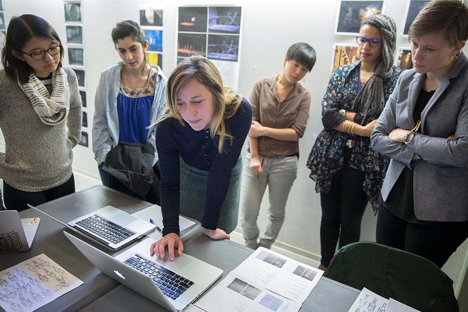 Guan-Yue Chen ’17 (from left), Chrissy Rodriguez ’15, Harvard Graduate School of Design (GSD) students Stephanie Hsia, Lara Mehling, and Shaunta Butler, and instructor Sara Brown during a critique of student projects in “Dramatic Arts 136: Scenography Studio.” Kris Snibbe/Harvard Staff Photographer