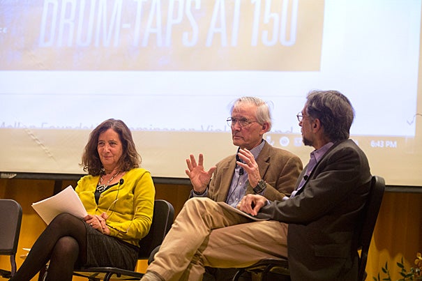 Harvard’s Lawrence Buell (center) called “Drum-Taps” Whitman’s “first attempt to cut lose from ‘Leaves of Grass’ and do something else.” The Humanities Center panel also featured Powell M. Cabot Professor of American Literature Elisa New (left) and Fordham University English Professor Lawrence Kramer (right). 