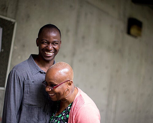“I spent five years at Roxbury Community College. It should be a two-year program,” said Afam Nduaguba, pictured here with Chiso Okafor, Nduaguba's mentor and the interim dean of professional studies and career services at RCC. Nduaguba eventually earned a bachelor's from UMass Boston before applying, and being accepted, to Harvard Medical School. 