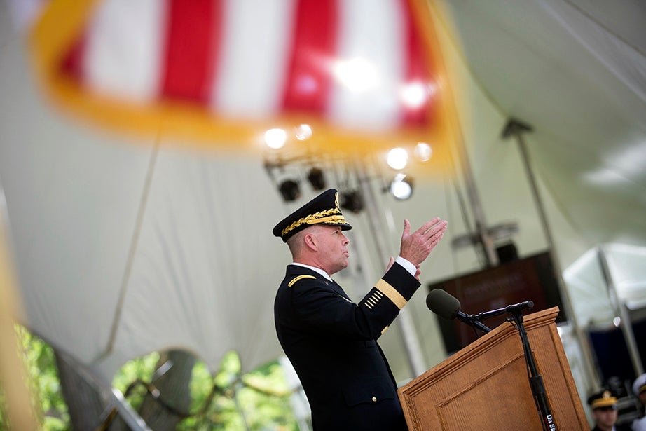 ROTC Commissioning Ceremony guest speaker U.S. Army Gen. David. G. Perkins delivers remarks. Kris Snibbe/Harvard Staff Photographer