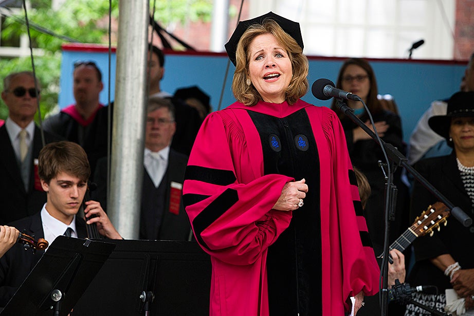 One of the most acclaimed opera singers and sopranos of all time, Renée Fleming sang “America the Beautiful.” Fleming also received an honorary Doctor of Music degree.  
Stephanie Mitchell/Harvard Staff Photographer
