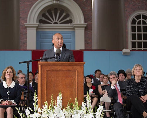 Former Massachusetts Gov. Deval Patrick (photo 1) called on graduates to follow talk with action on the most urgent problems of the day. The afternoon also featured a speech by President Drew Faust (photo 2), who reminded alumni (photo 3) that Harvard’s work is “about that ongoing commitment, not to a single individual or even one generation or one era, but to a larger world and to the service of the age that is waiting before it.”