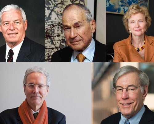 President Drew Faust will award the 2015 Harvard Medal to Charles J. Egan Jr. ’54 (clockwise from top left), Michael E.A. Gellert ’53, Sandra O. Moose, A.M. ’65, Ph.D. ’68, Robert D. Reischauer ’63, and  Thomas W. Lentz Jr., A.M. ’81, Ph.D. ’85.