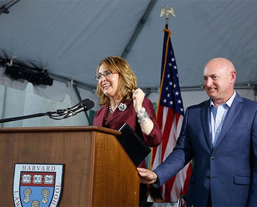 “Starting tomorrow, you can help change the world. The nation is counting on you, to create, to lead, to innovate,” said Gabrielle Giffords. Giffords, a former congresswoman, and her husband, Mark Kelly, a retired Naval aviator, were the Class Day speakers at Harvard Law School.