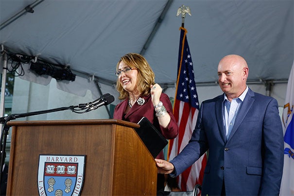 “Starting tomorrow, you can help change the world. The nation is counting on you, to create, to lead, to innovate,” said Gabrielle Giffords. Giffords, a former congresswoman, and her husband, Mark Kelly, a retired Naval aviator, were the Class Day speakers at Harvard Law School.