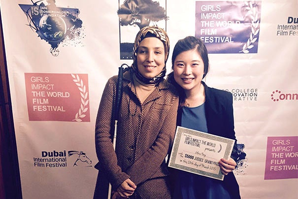 Sara Minkara (left), a blind Muslim activist and social entrepreneur enrolled at Harvard Kennedy School, was the subject of the film "Losing Sight, But Gaining a Vision" by  Gloria Hong ’15. Hong's film won the Grand Jury Prize at the Girls Impact the World Film Festival.