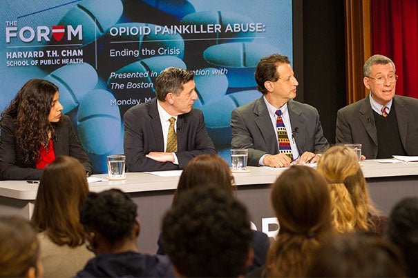 “One in five know someone who actually died," said Robert Blendon (far right), the Harvard Chan School’s Richard L. Menschel Professor, of opioid addiction. Blendon spoke on a panel with Monica Bharel (from left), commissioner of the Massachusetts Department of Public Health; Michael Botticelli, director of national drug control policy; and Daniel Alford, director of the Addiction Medicine Residency program at Boston University School of Medicine. 
