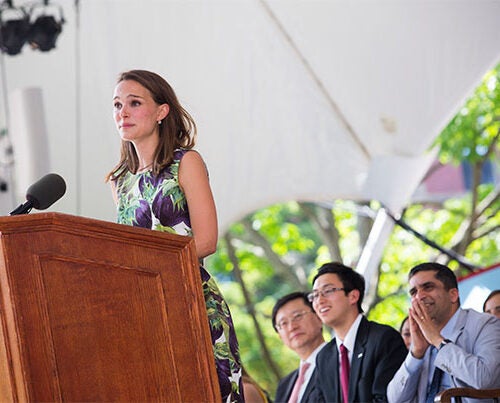 Class Day speaker Natalie Portman (photo 1) urged students to take advantage of the brimming self-confidence of youth and take chances even at the risk of not coming out on top. Samuel B. Clark '15 (photo 2), one of three Class Day orators, offered humorous remarks, while the audience enjoyed the mild weather (photo 3).
