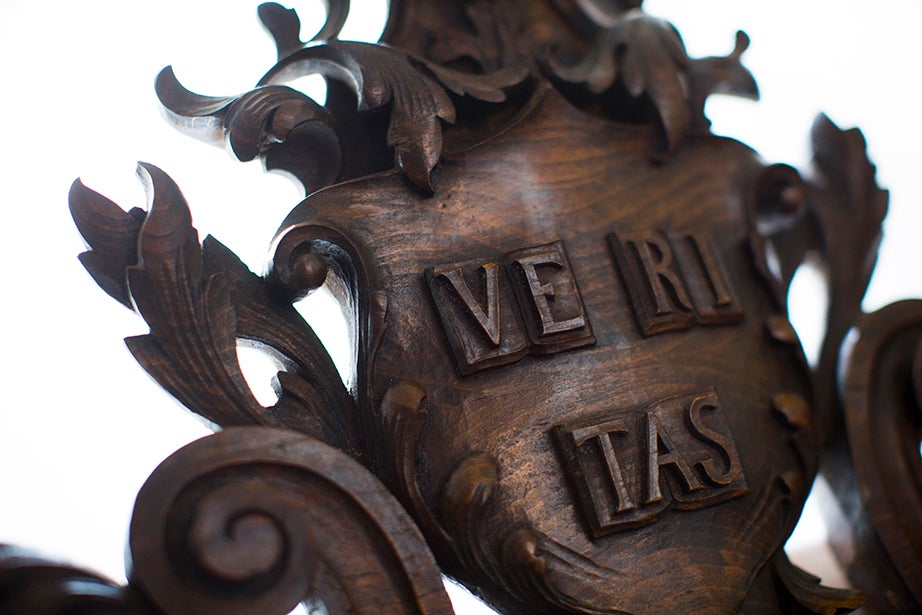 Harvard’s Latin motto, carved on a chair inside Memorial Church. 