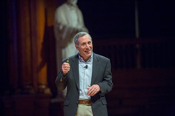 Lawrence S. Bacow, J.D. ’76, M.P.P. ’76, Ph.D. ’78, delivered a talk titled “Online Learning: The Scourge or Savior of Higher Education” at Sanders Theatre on Thursday at the start of the Harvard IT Summit.