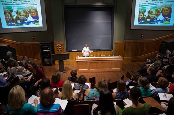 Chef and educator Ann Cooper, speaking at a Harvard conference on food in public schools, said schools should work to serve nutritious, wholesome foods, with plenty of fruits and vegetables, rather than the packaged and processed foods that are prevalent in many institutions. 