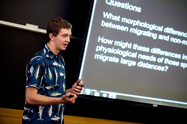 Griffin Andres, a Cambridge Rindge and Latin School student, gave his final presentation following a semester-long internship program at Harvard. "I think a lot of the research we saw presented today will end up on published papers with the students’ names on them," said Professor John Wakeley, chair of the Department of Organismic and Evolutionary Biology, who was impressed with how much the students learned. 